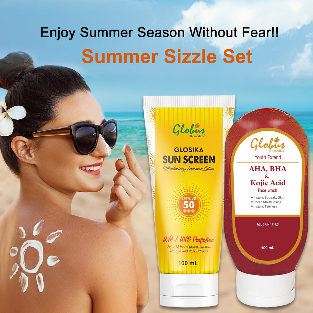 Globus Remedies Summer Sizzle Set - Glosika Sunscreen Lotion SPF 50++ 100 ml & AHA BHA Face Wash 100 ml