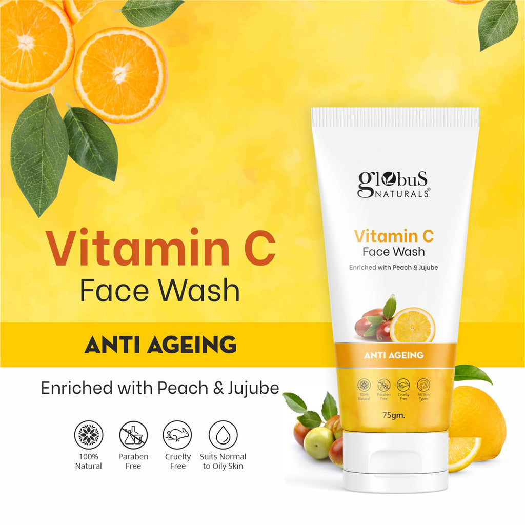 Globus Naturals Anti-Ageing Skin Brightening Vitamin C Face Wash, Enriched with Peach & Jujube, Skin Illuminating & Tan Removal Formula, For All Skin Types, Both Men & Women (75 g)