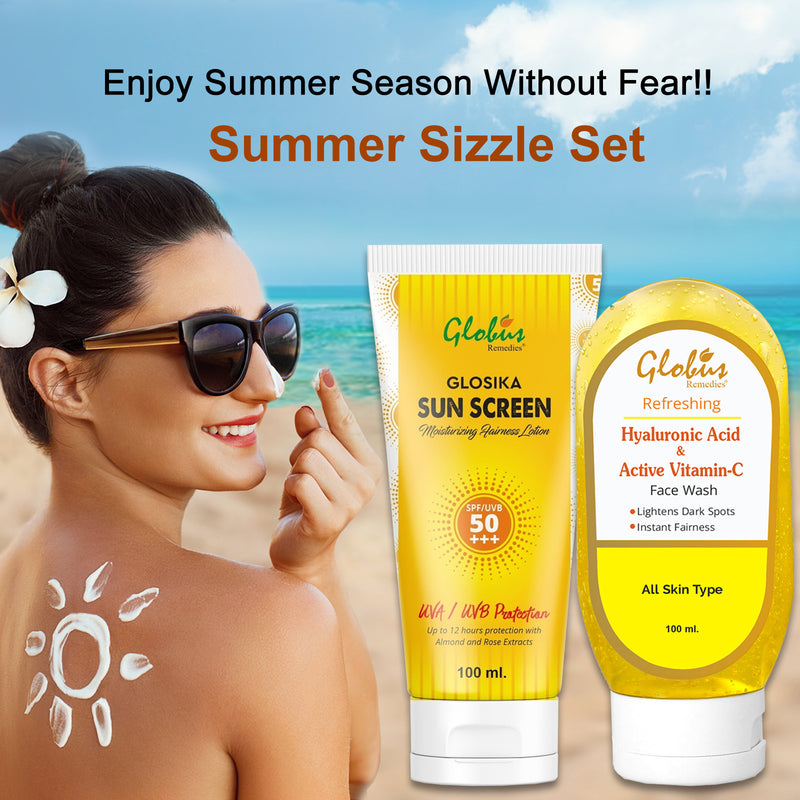 Globus Remedies Summer Sizzle Set - Glosika Sunscreen Lotion SPF 50++ 100 ml & Vitamin C & Hyaluronic Acid Face Wash 100 ml