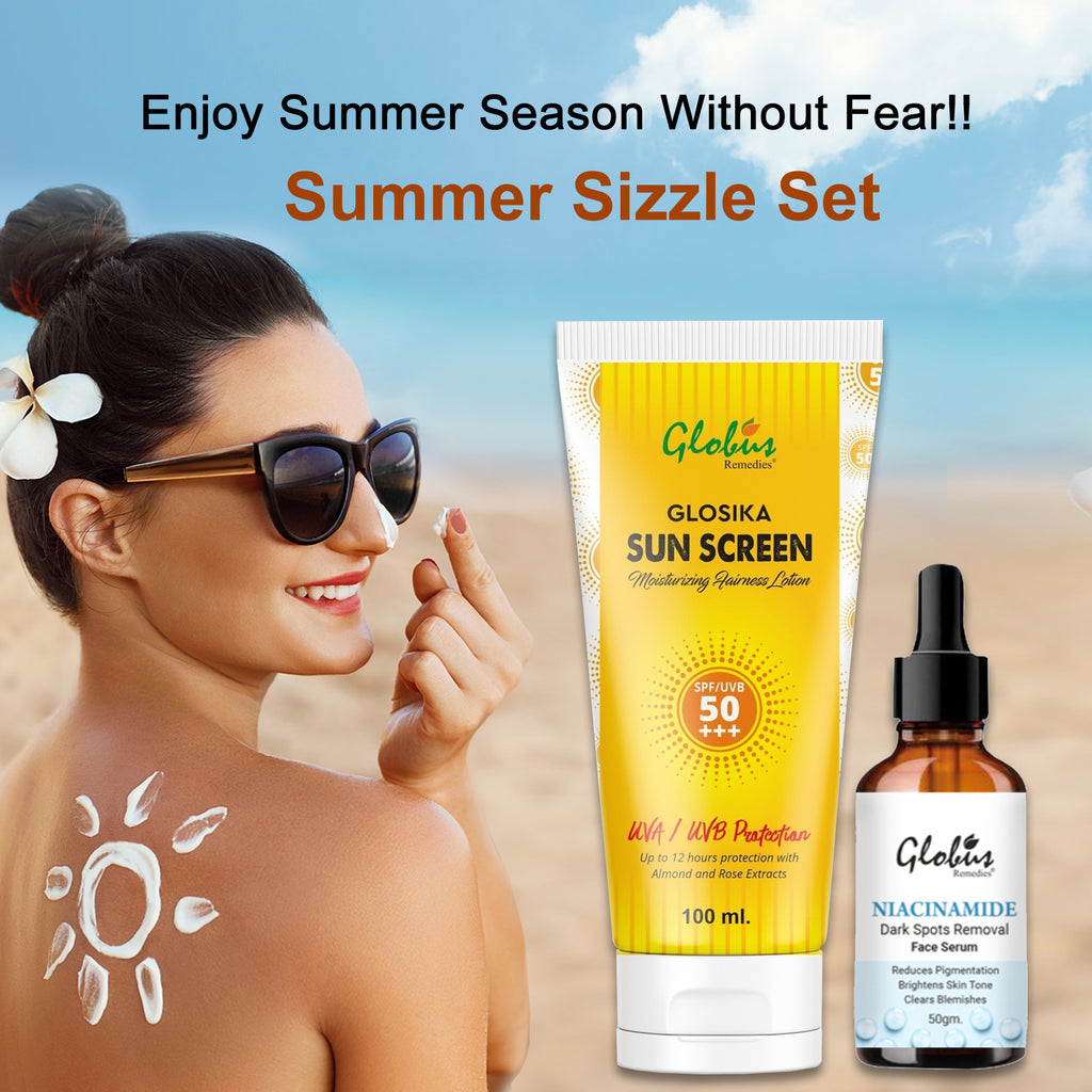 Globus Remedies Summer Sizzle Set - Glosika Sunscreen Lotion SPF 50++ 100 ml & Niacinamide Face Serum 50 ml