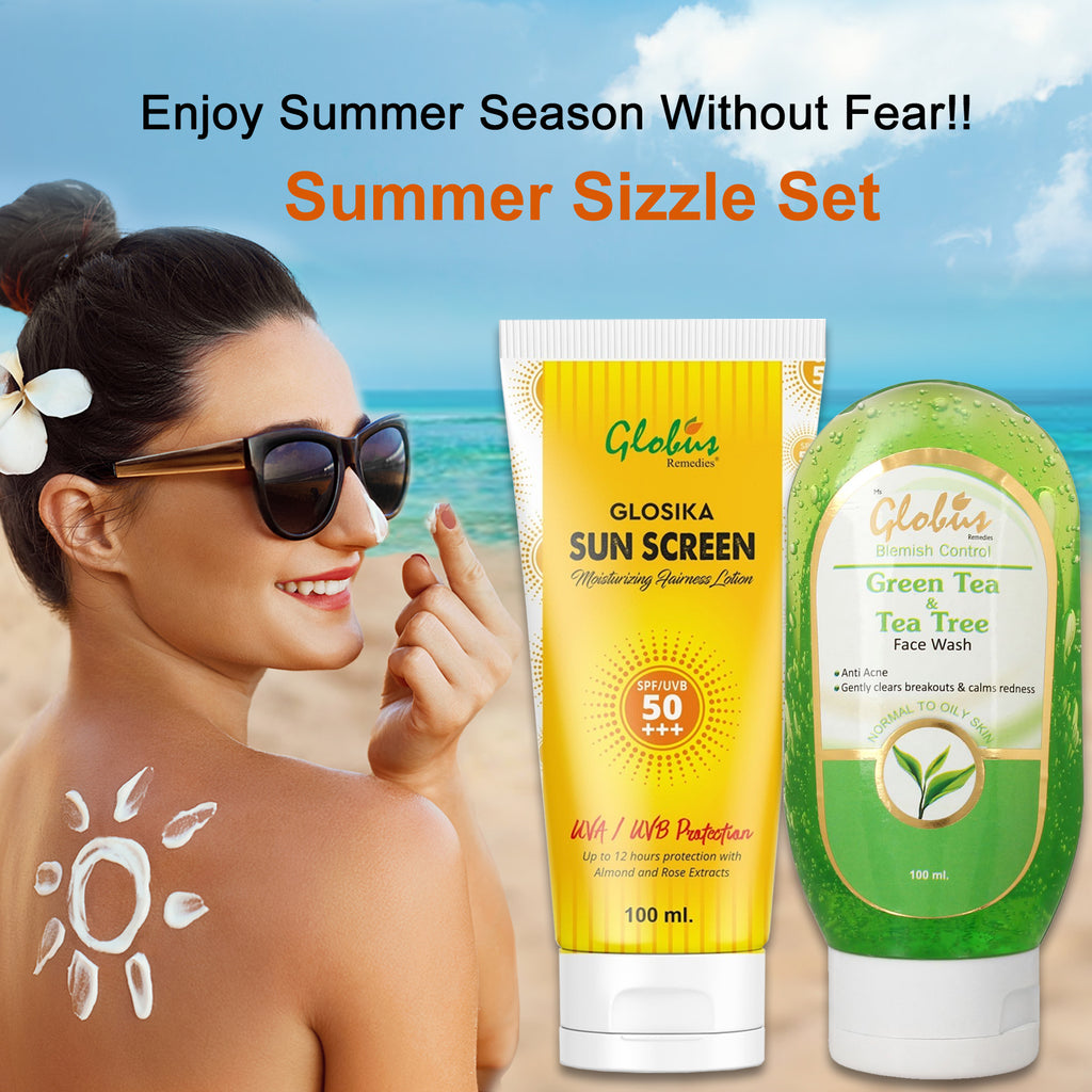 Globus Remedies Summer Sizzle Set - Glosika Sunscreen Lotion SPF 50++ 100 ml & Green Tea & Tea Tree Face Wash 100 ml