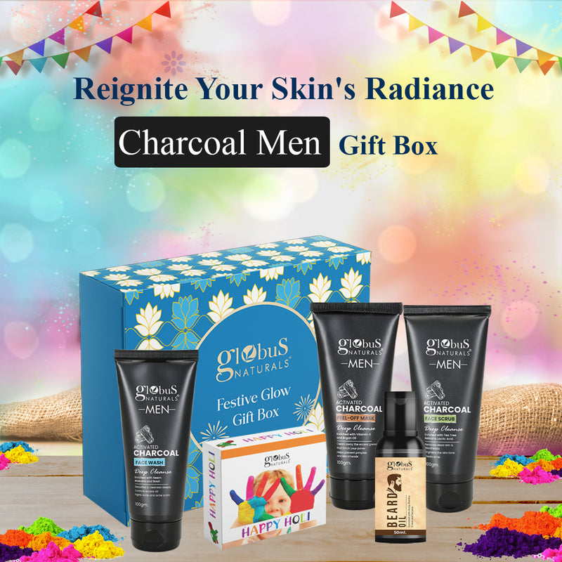 Globus Naturals Pre & Post Holi Ritual Ayurvedic skin care Gift Box for Men, For All Skin Types, Set of 4 - Face wash 100 gm, Face scrub 100 gm, Peel Off Mask 100 gm & Beard oil 50 ml
