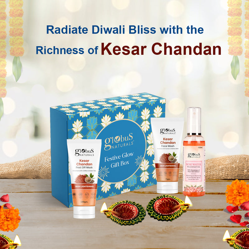 Globus Naturals Dazzling Diwali Gift Box Set of 3 Kesar Chandan Peel Off Mask 100 gm & Face wash 75 gm & Rose Toner 100 ml