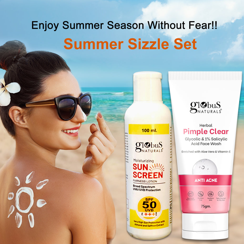 Globus Naturals Summer Sizzle Set - Sunscreen Lotion SPF 50++ 100 ml & Herbal Pimple Clear Face Wash 75 gm