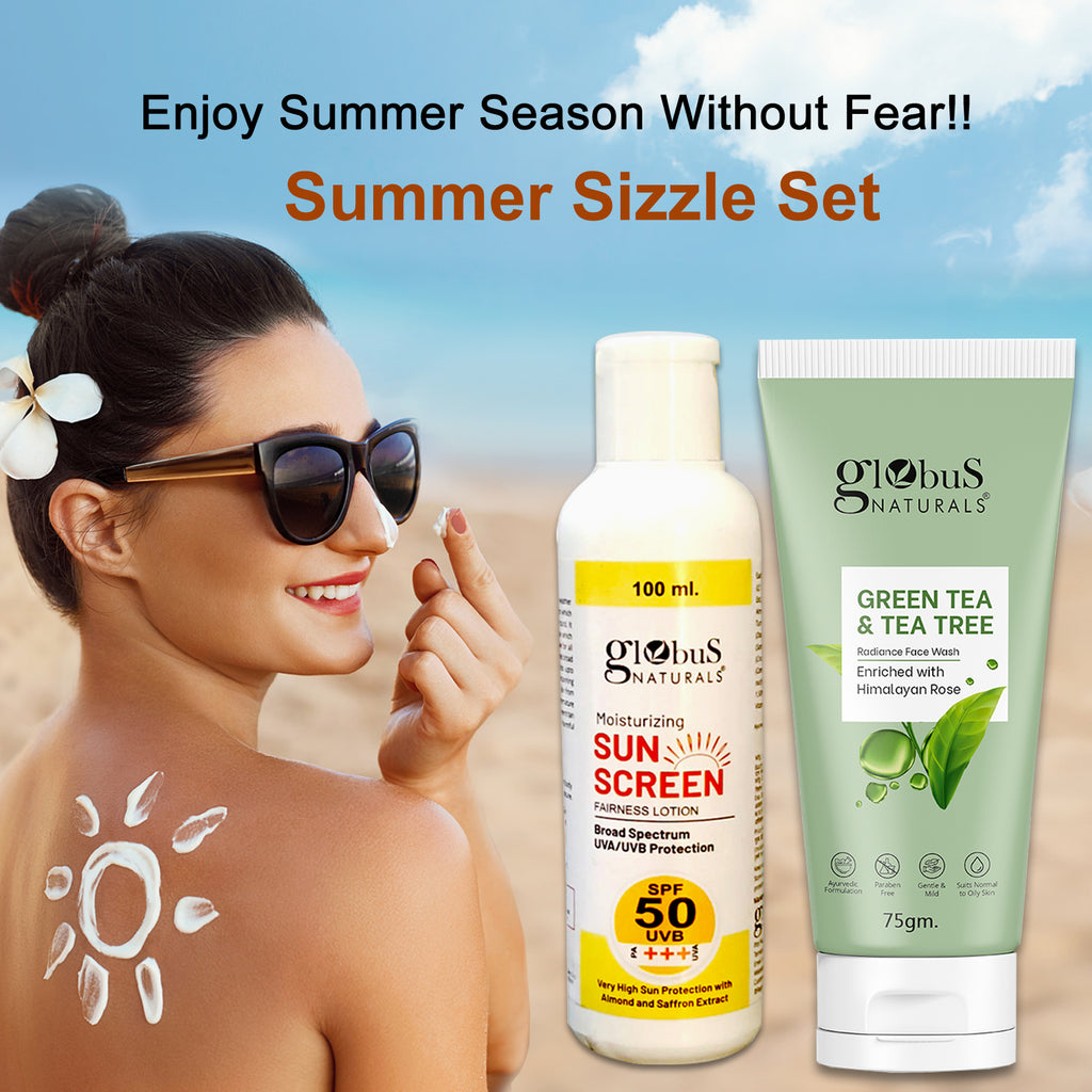 Globus Naturals Summer Sizzle Set - Sunscreen Lotion SPF 50++ 100 ml & Green Tea & Tea Tree Face Wash 75 gm