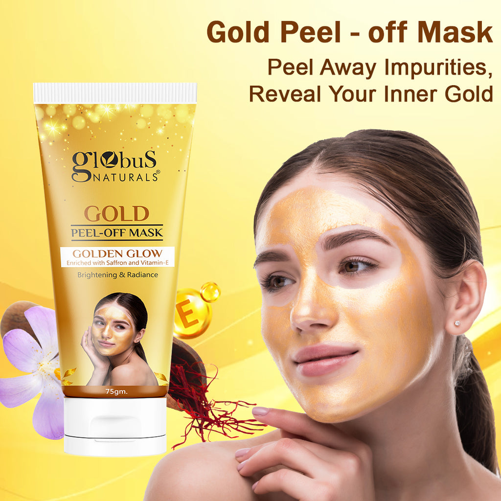 Globus Naturals Gold Peel Off Mask For Golden Glow, Enriched with Saffron & Vitamin-E, Brightening & Radiance, Suitable For All Skin Types, 75 g