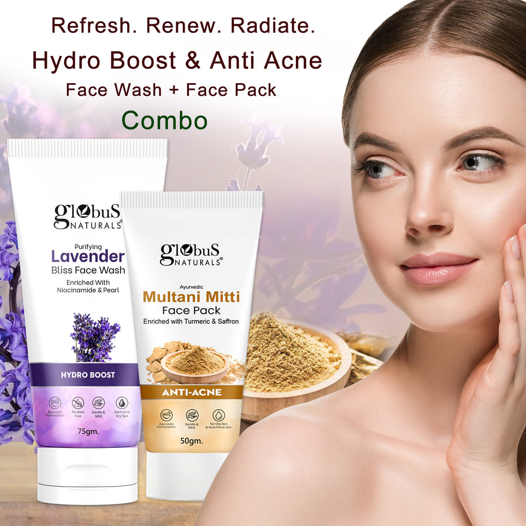 Globus Naturals Face Care Combo Set of 2- Lavender Face Wash 75gm and Multani Mitti Face Pack 50 gm