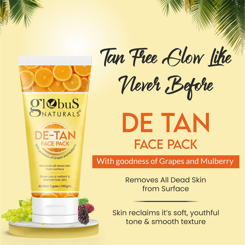 Globus Naturals De Tan Face Pack, with Hyaluronic Acid & Mulberry Extract, Tan Removal, Anti Pollution & Oil Control Formula, Chemical Free, Cruelty Free, Suitable For All Skin Types, 100 gm