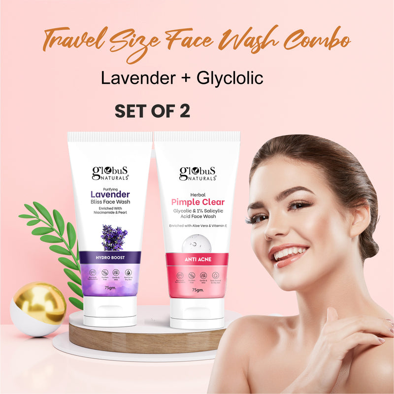 Globus Naturals Face Care Combo- Hydro Boost Lavender & Anti Acne Glycolic, Face Wash, Set of 2, 75gm