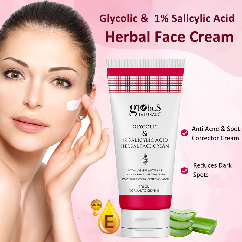 Glycolic & 1% Salicylic Acid Herbal Anti Acne Face Cream, Reduces Dark spots & Hyperpigmentation,