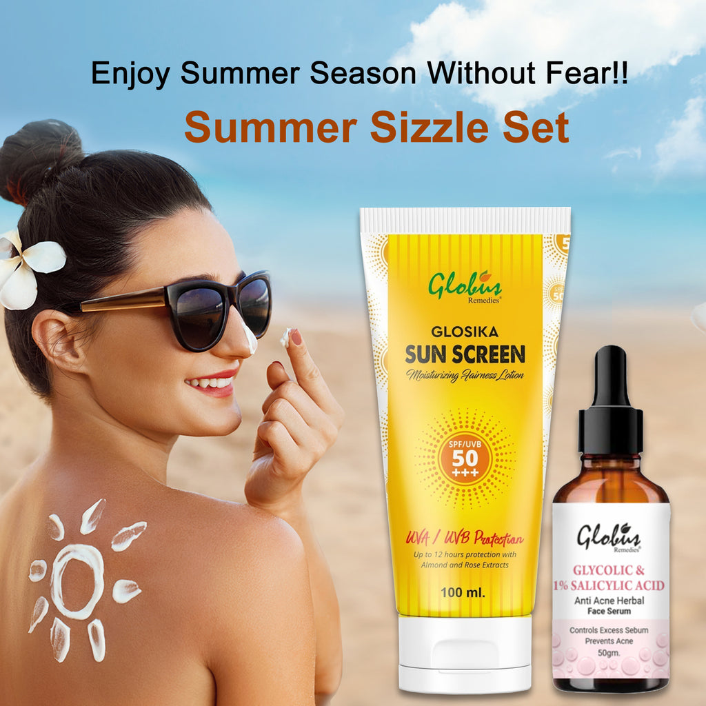 Globus Remedies Summer Sizzle Set - Glosika Sunscreen Lotion SPF 50++ 100 ml & Glycolic Face Serum 50 ml