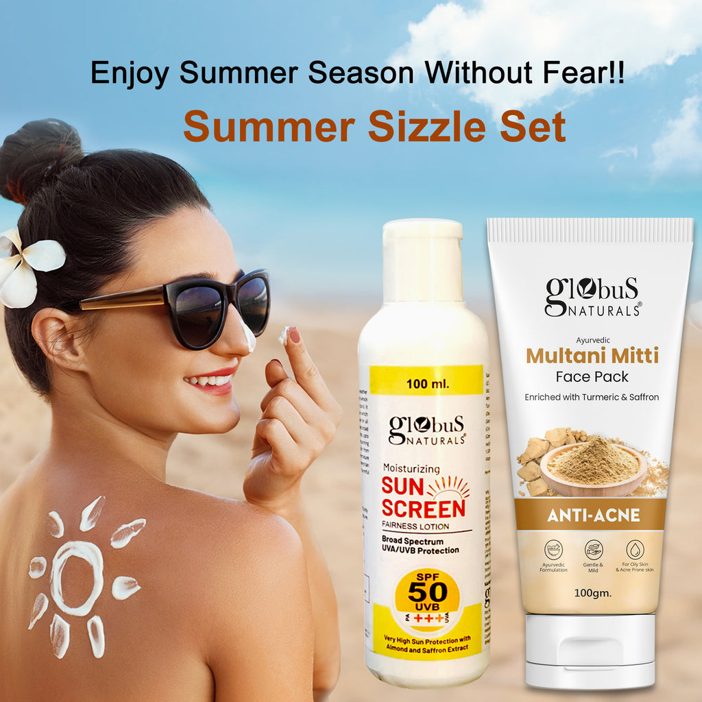 Globus Naturals Summer Sizzle Set - Sunscreen Lotion SPF 50++ 100 ml & Multani Mitti Face Pack 100 gm