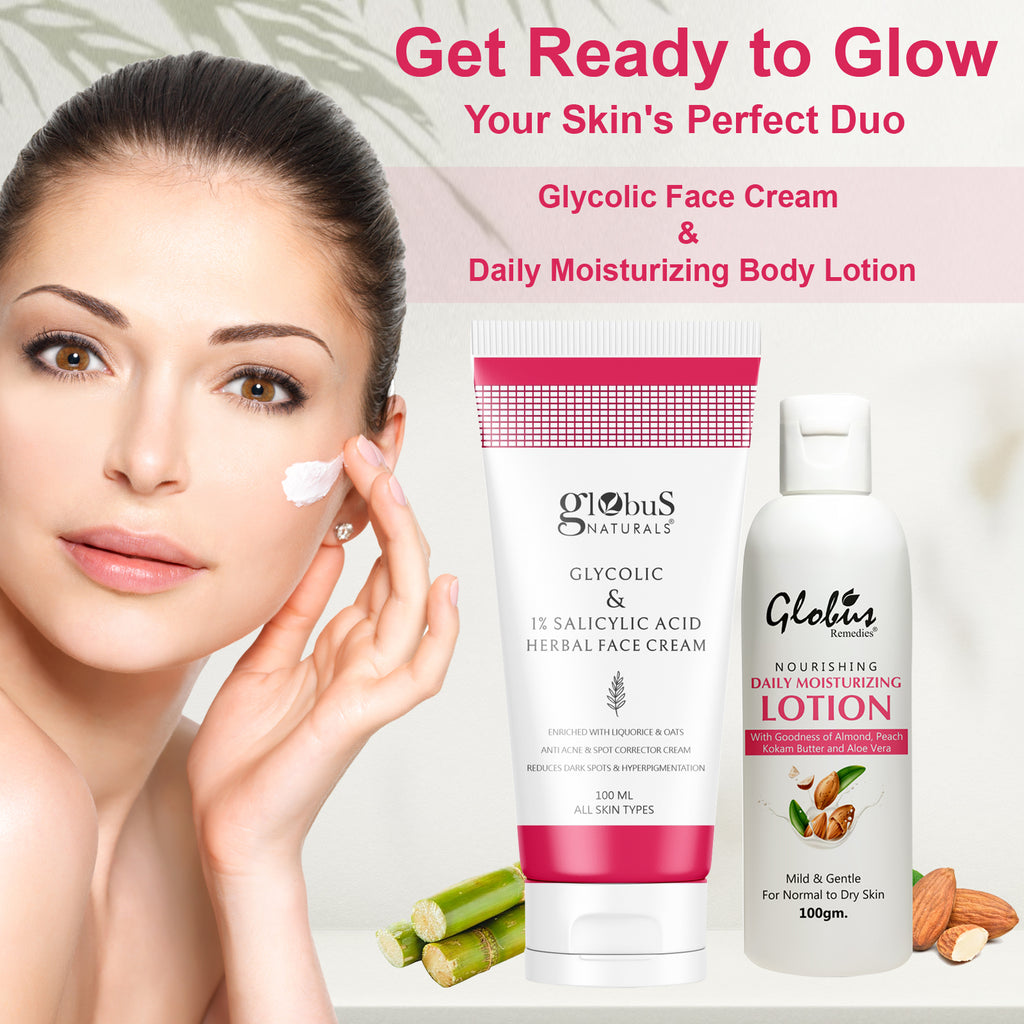 Globus Naturals Silk Touch Body Care Combo Daily Moisturizing Body Lotion & Glycolic Face Cream
