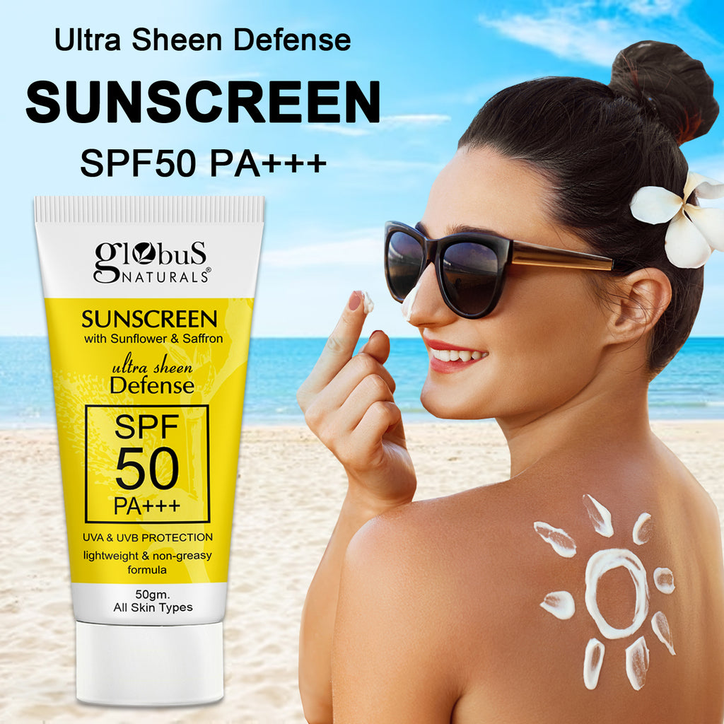 Globus Naturals Sunscreen with Ultra Sheen Defense, SPF 50 PA+++, UVA & UVB Protection, Lightweight & Non-greesy Formula, Normal to Oily Skin, 50 gm