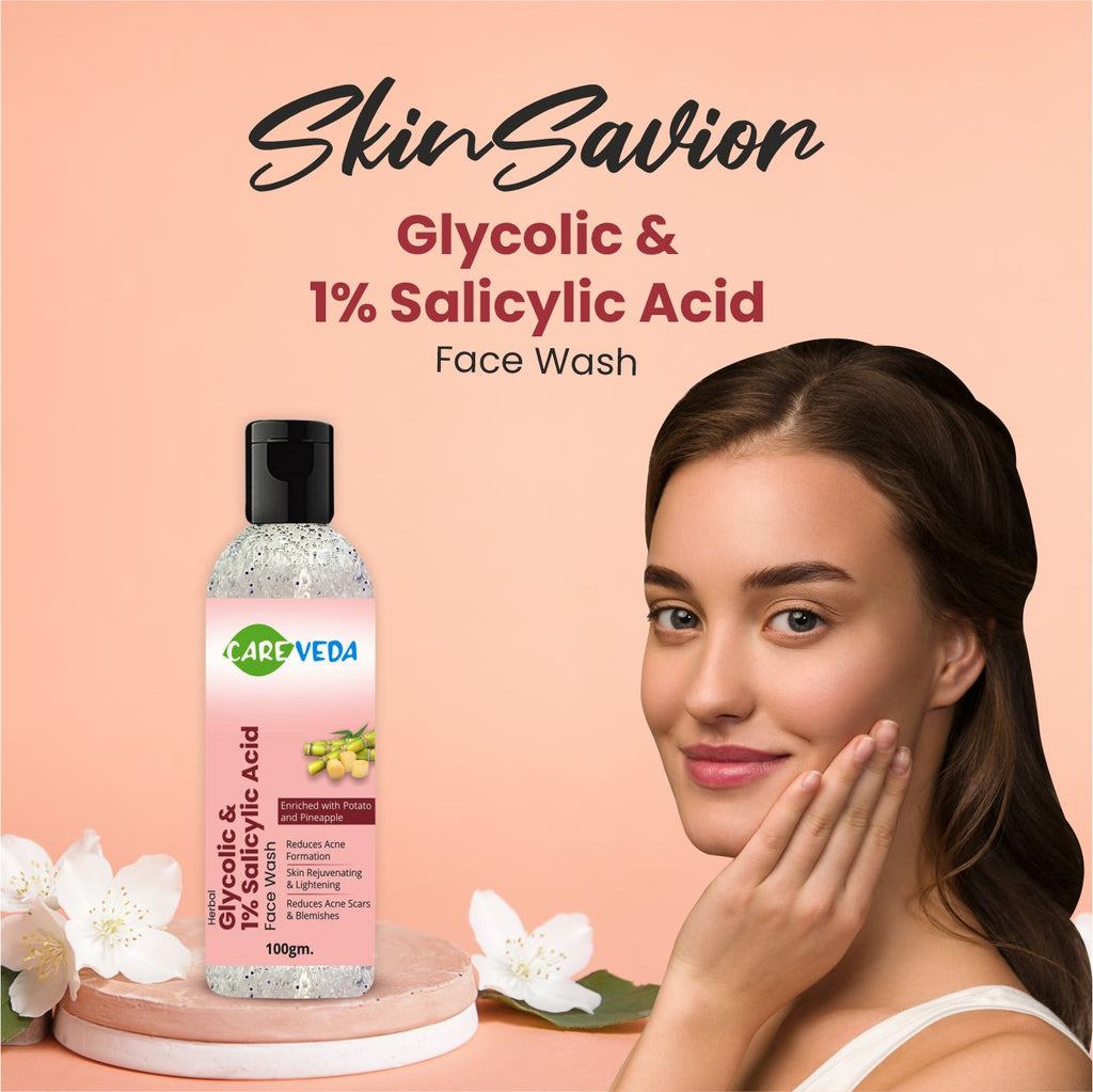 CareVeda SkinSavior - Glycolic and 1% Salicylic Acid Face Wash for Flawless Skin, Unclogs Pores & Control Oil & Sebum Production, Suitable for Oily & Acne Prone Skin, 100 gm