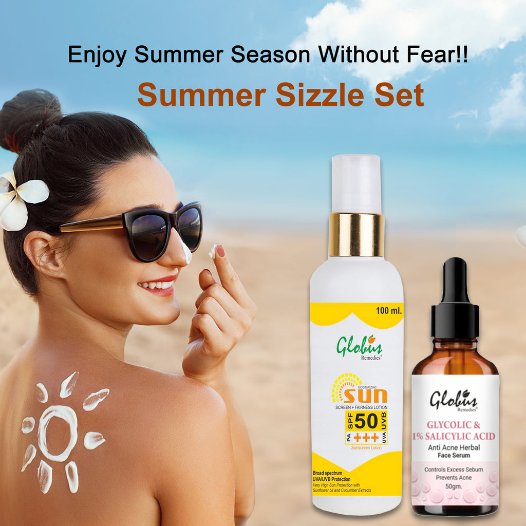 Globus Remedies Summer Sizzle Set - Sunscreen Lotion SPF 50++ 100 ml & Glycolic Face Serum 50 ml