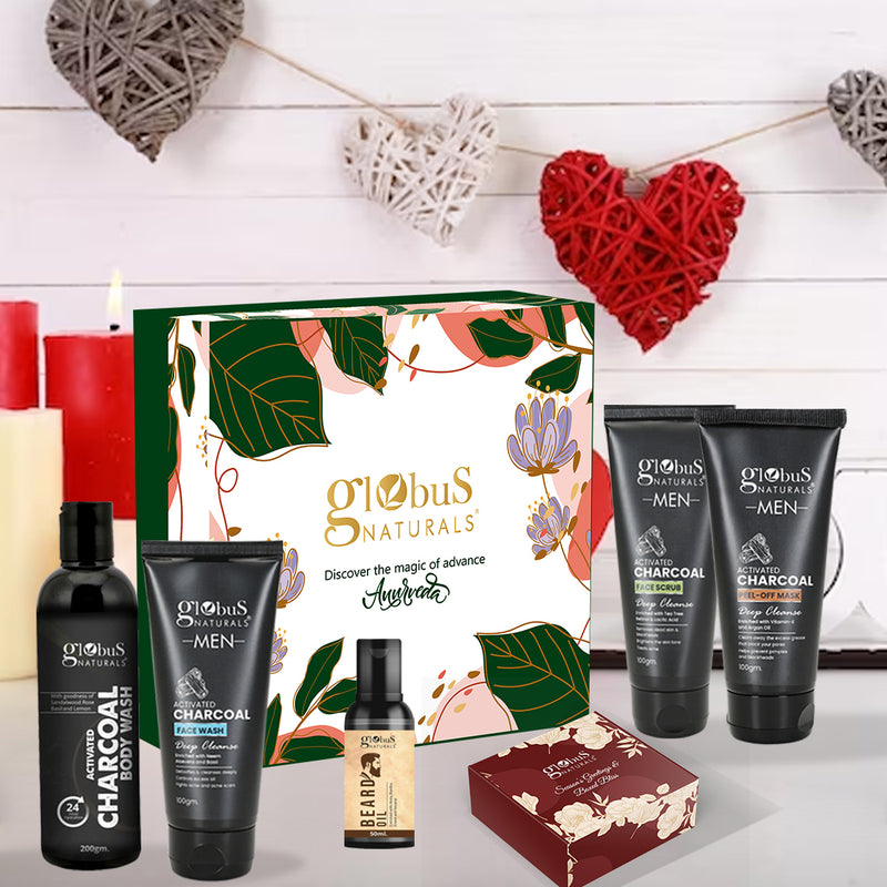 Globus Naturals  Men's Charcoal Essentials Valentine Gift Box set of 6, Box includes- Charcoal Men Face Wash 100gm, Scrub 100gm, Peel off Mask 100gm,  Beard Oil 50 ml, Body Wash 200 gm, Chocolate Box