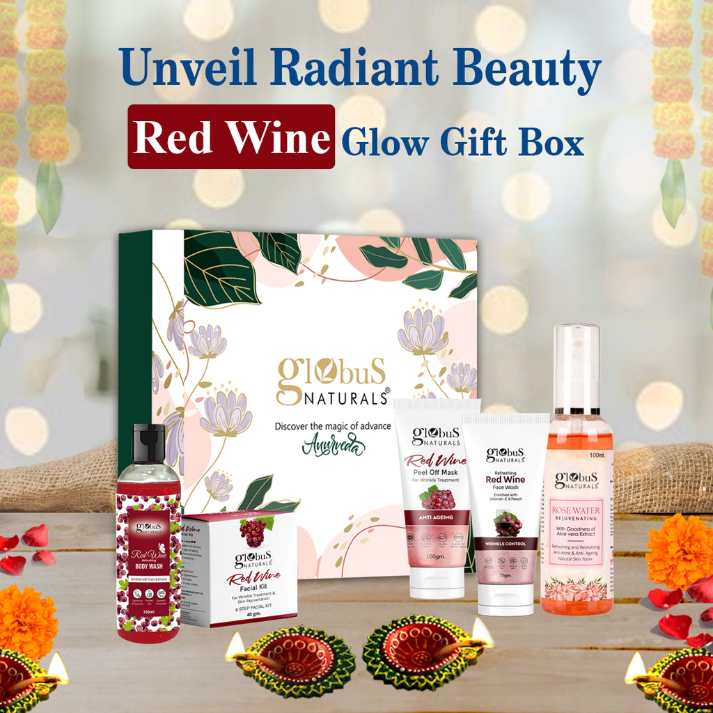Globus Naturals Red Wine Festive Glow Gift Box Set of 5 - Face Wash 75 gm, Peel Off Mask 100 gm, Facial Kit 40 gm & Body Wash 100 gm, Rose Toner 100ml