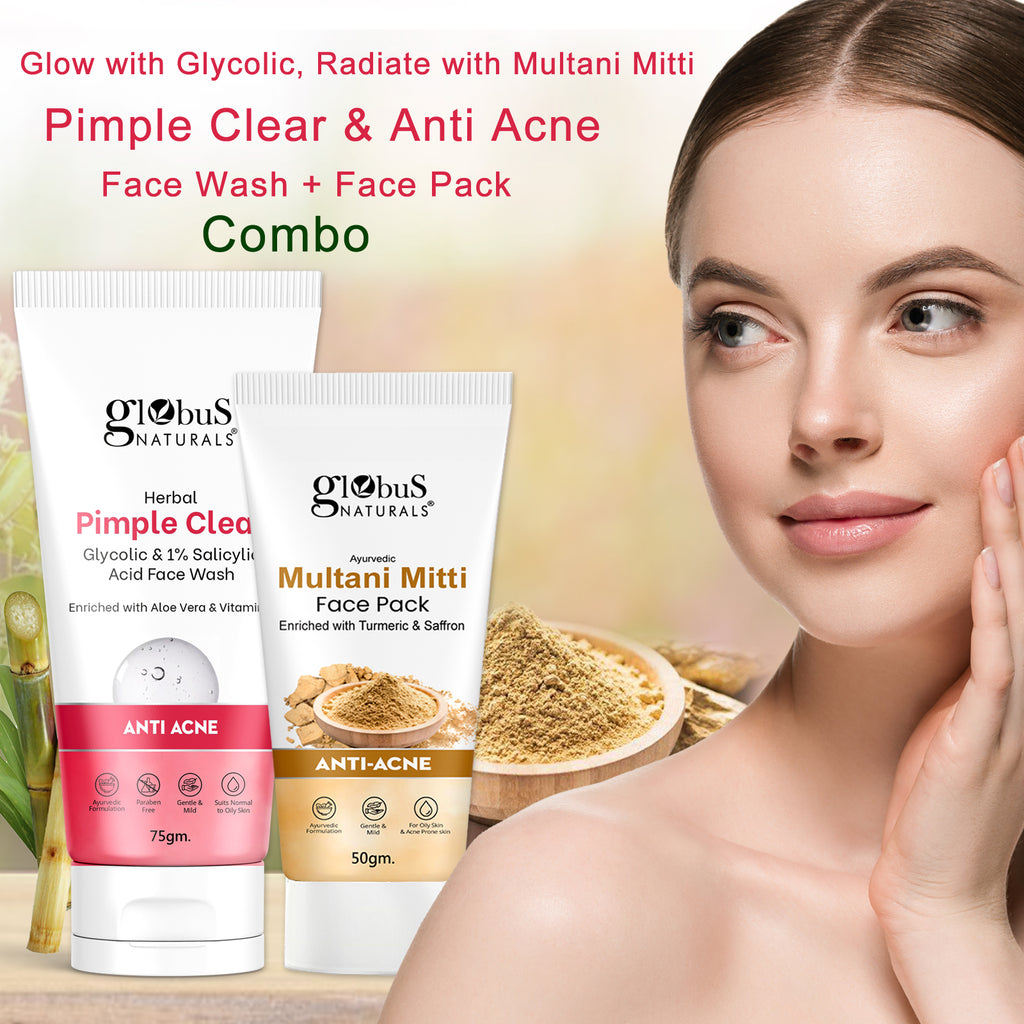Globus Naturals Face Care Combo Set of 2- Glycolic & 1% Salicylic Acid Face Wash 75gm and Multani Mitti Face Pack 50 gm