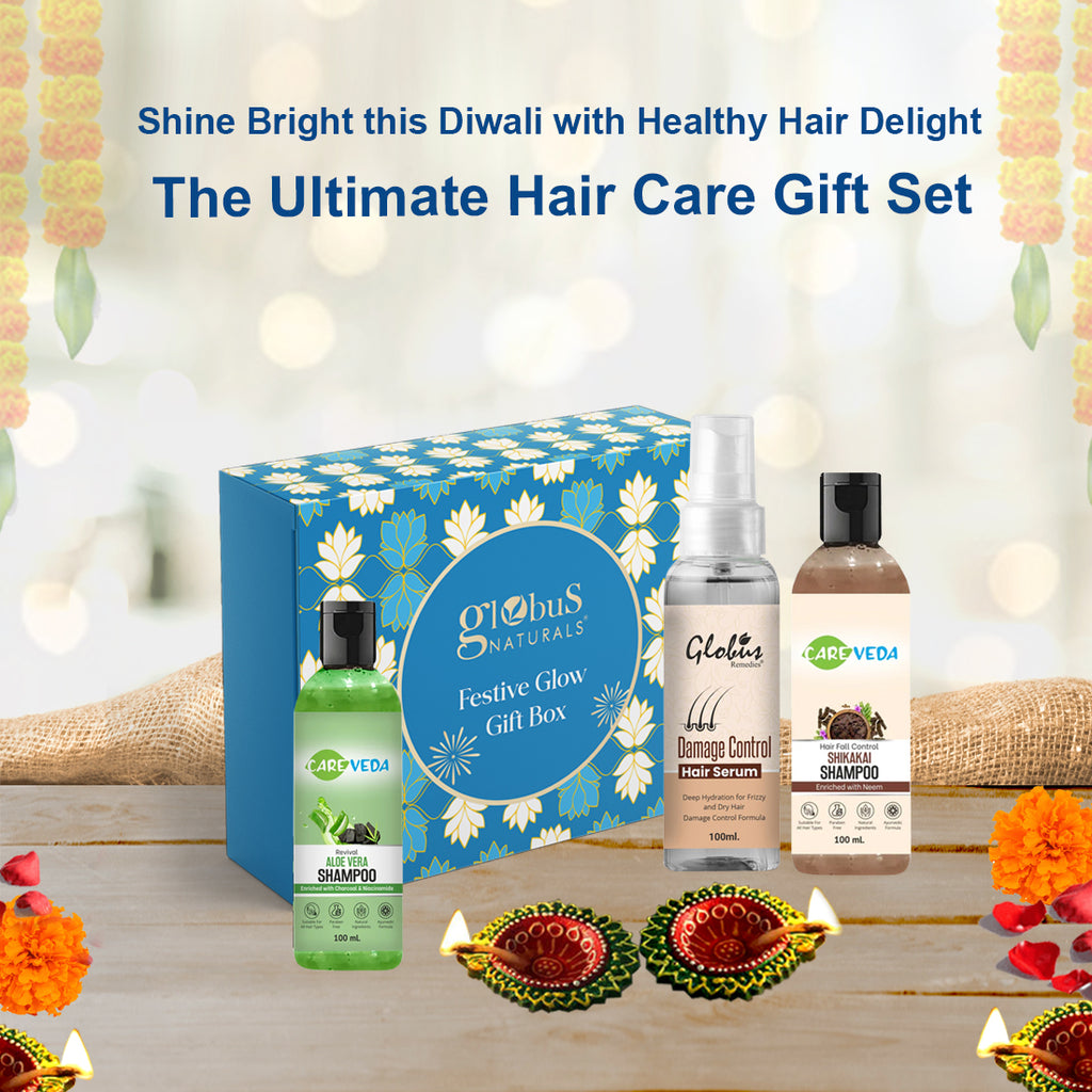 Globus Naturals Dazzling Diwali Gift Box Set of 3  Aloe Vera Shampoo 100 ml, Shikakai Shampoo 100 ml & Damage Control Hair Serum 100 ml