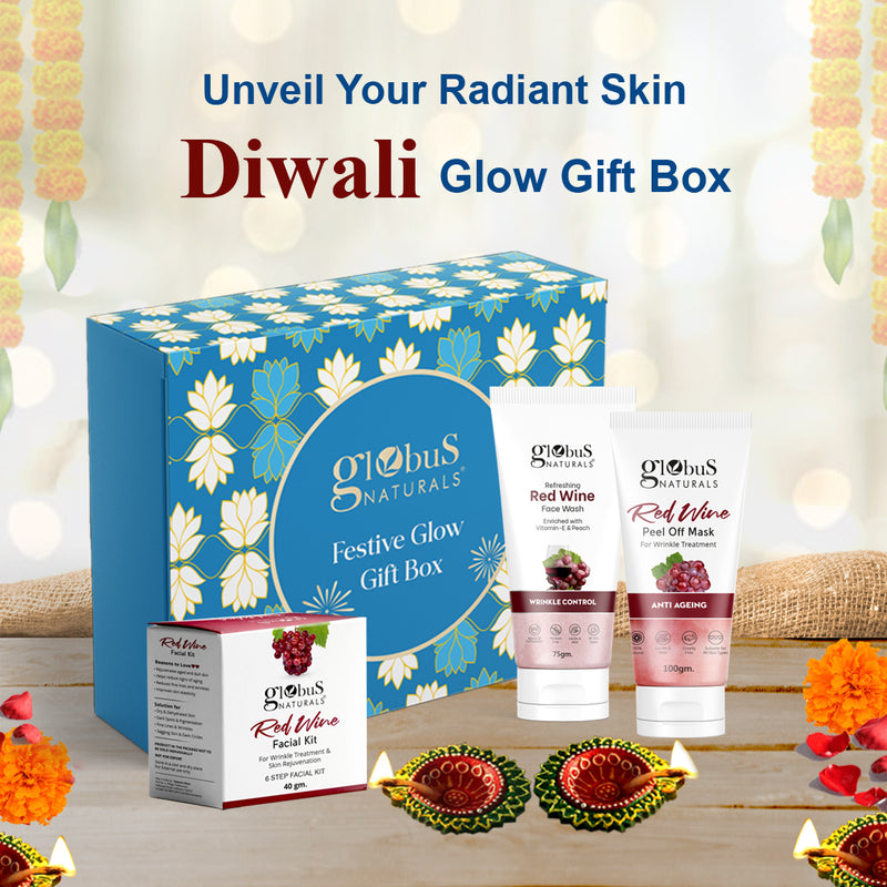 Globus Naturals Dazzling Diwali Gift Box Set of 3,  Red Wine Face Wash 75gm, Red Wine Facial Kit 40gm, Red Wine Peel off Mask 100gm