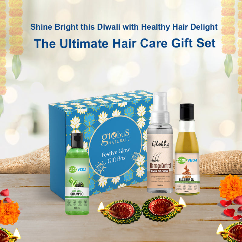 Globus Naturals Dazzling Diwali Gift Box Set of 3 Aloe Vera Shampoo 100 ml, Almond Bliss Hair Oil 100 ml, Damage Control Hair Serum 100 ml