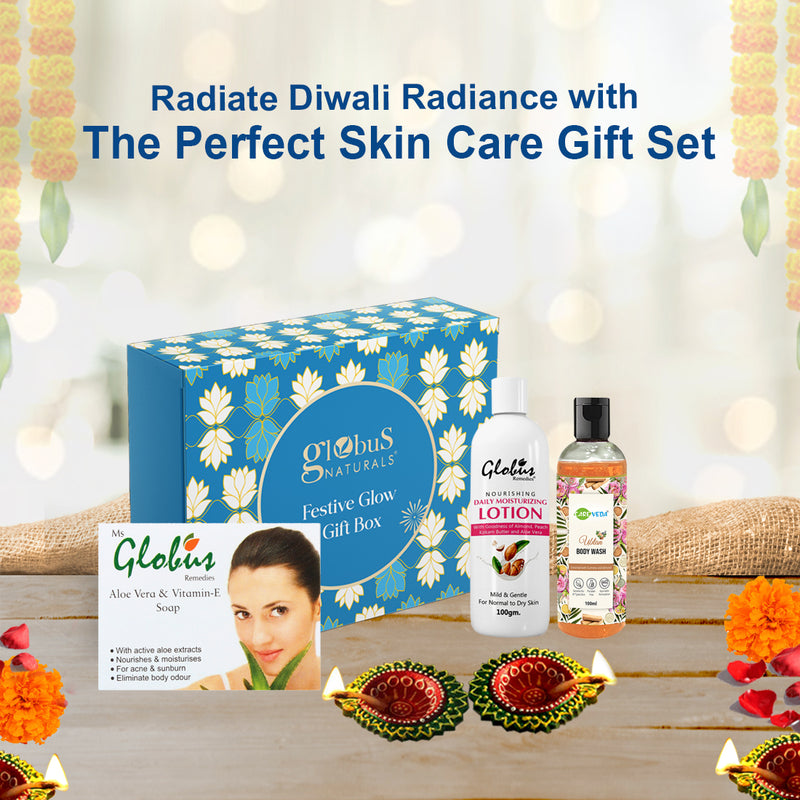 Globus Naturals Dazzling Diwali Gift Box Set of 3 Ubtan Body wash 100 ml Daily Moisturising Body Lotion 100 ml & Aloe Vera & Vitamin E Soap 75 gm