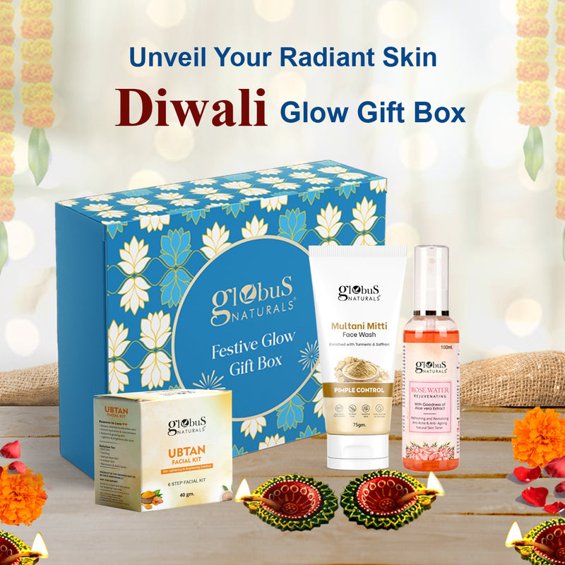 Globus Naturals Dazzling Diwali Gift Box Set of 3,  Multani Mitti Face Wash 75gm, Ubtan Facial Kit 40gm, Rose Toner 100gm