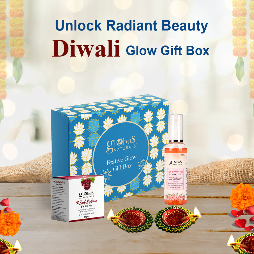 Globus Naturals Dazzling Diwali Gift Box Set of 2 Red Wine Facial Kit 40 gm & Rose Toner 100 ml