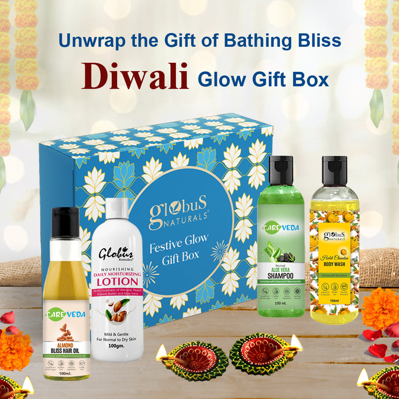 Globus Naturals Dazzling Diwali Gift Box Set of 4, Almond Bliss Hair Oil 100ml, Aloe Vera Shampoo 100ml,  Haldi Chandan Body Wash 100ml, Daily Moisturising Body Lotion 100 ml