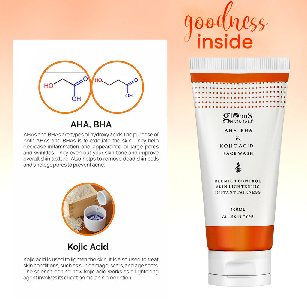 Globus Naturals AHA, BHA & Kojic acid Face wash, Skin Ligtening & Blemishes Control Formula 100gm