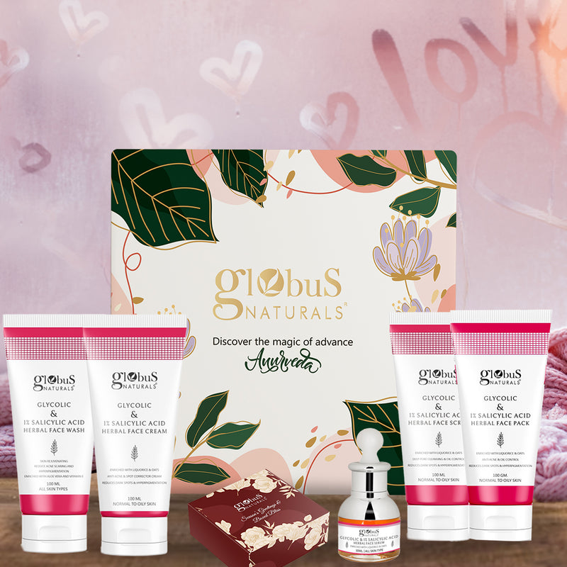 Globus Naturals  Anti Acne Glycolic Valentine Gift Box For Him & Her- Set of 6 Face Wash 100ml, Face Cream 100ml, Face Scrub 100ml, Face Pack 100ml, & Face Serum 30ml, Chocolate box