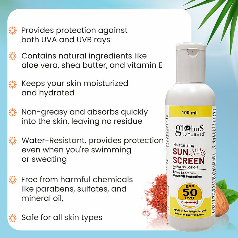 Globus Naturals Sunscreen Lotion, Daily Sun Protect for Face & Body, SPF 50+++ Broad Spectrum UVA & UVB Protection, For Both Men & Women, Sun Block for All Skin Types, 100gm