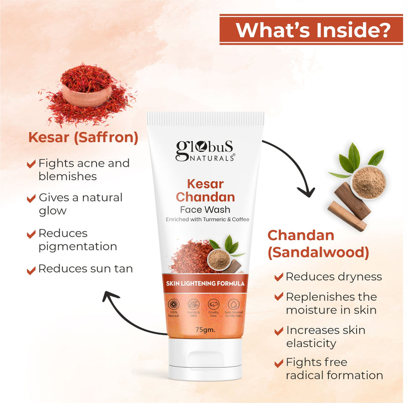 Globus Naturals Skin Lightening Kesar Chandan Face Care Combo - Face Wash 75gm & Face Cream 50g, Set of 2