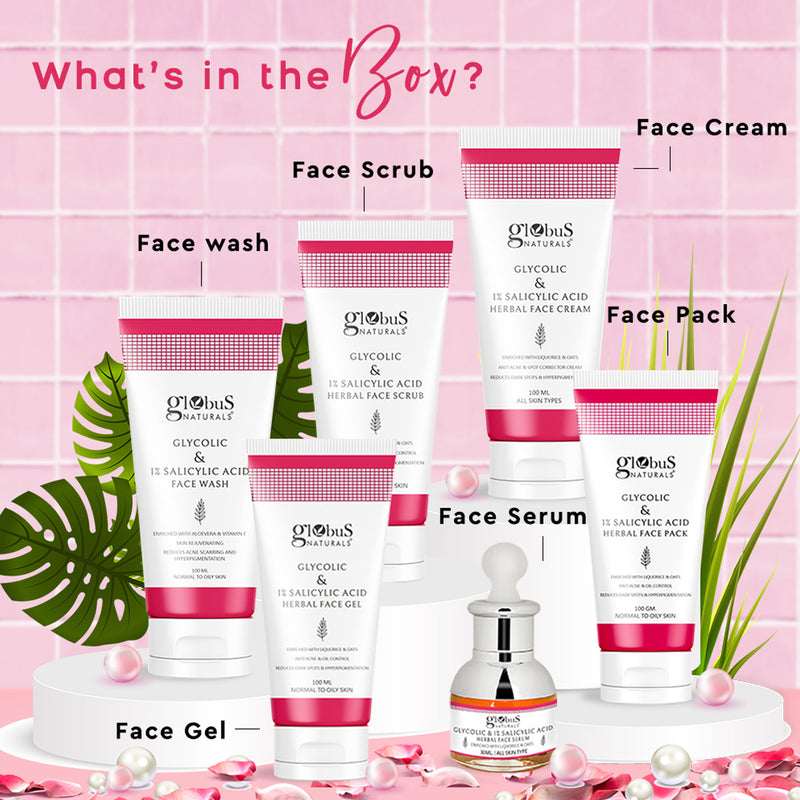 Globus Naturals Glycolic & 1% Salicylic Acid Gift Box - Set of 6, Face wash, Face Cream, Face Scrub, Face Pack, Face Gel & Face Serum