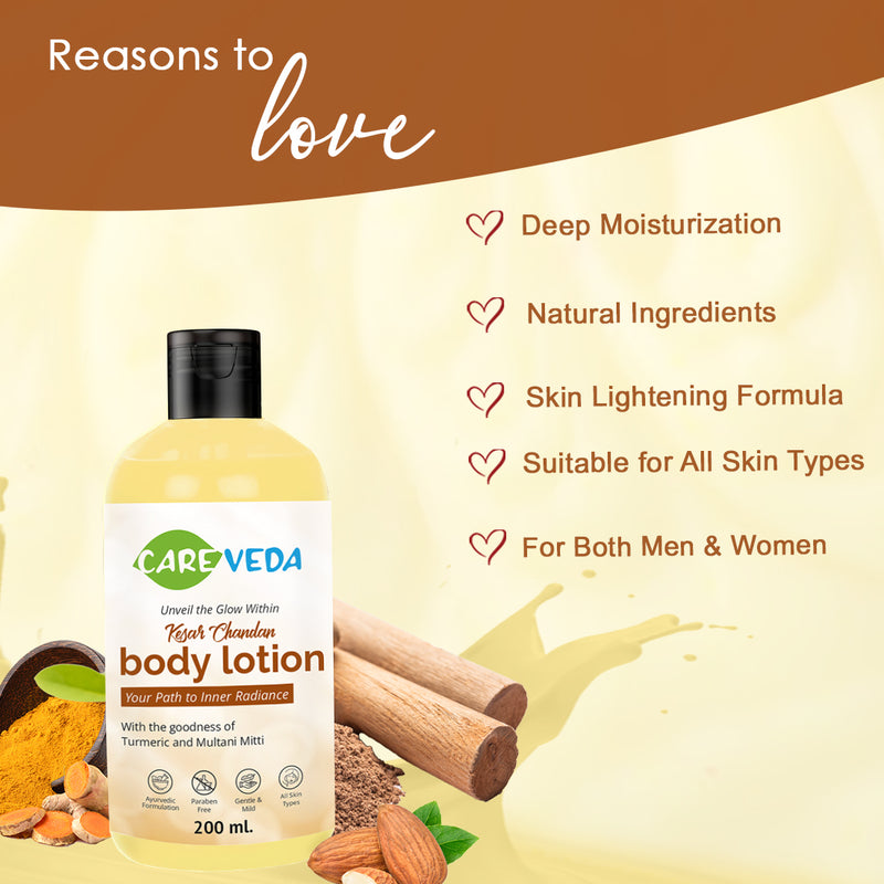 CareVeda Kesar Chandan Body Lotion, with the goodness of Turmeric and Almond, Ayurvedic Preparation, Paraben Free, Gentle & Mild, Suitable For All Skin Types, 200 ml