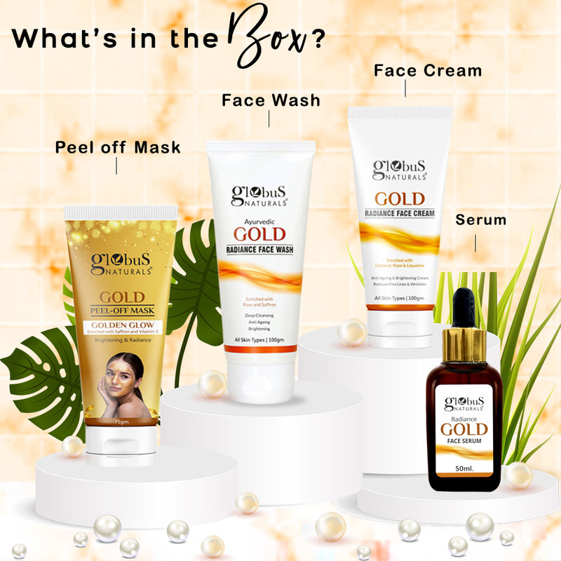 Globus Naturals Karwachauth Golden Glow Gift Box Set of 4 - Face Wash 100 gm, Peel Off Mask 75 gm, Face Scrub 100 gm & Gold Serum 30 ml