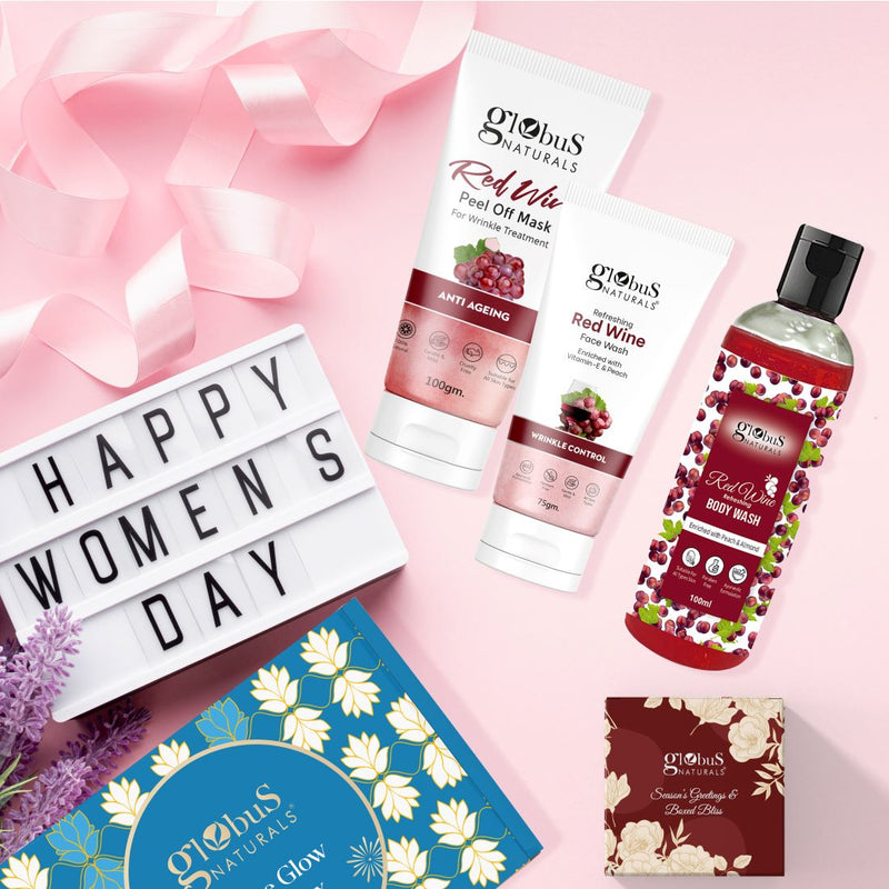 Globus Naturals Women's Day Scarlet Selections Red Wine Gift Box Set of 4, Box includes - Red Wine Body Wash 100ml, Face Wash 75 gm & Peel off Mask 100gm & Chocolate box