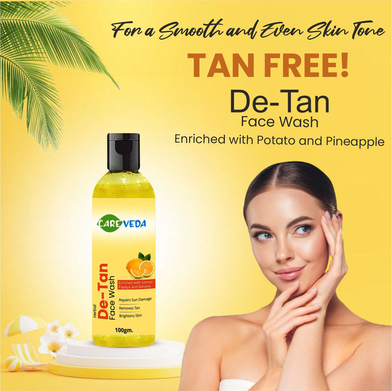CareVeda TanFree - De-Tan Face Wash for a Smooth and Even Skin Tone, Enriched with Lemon Papaya and Banana, Suitable For All Skin Types, 100gm