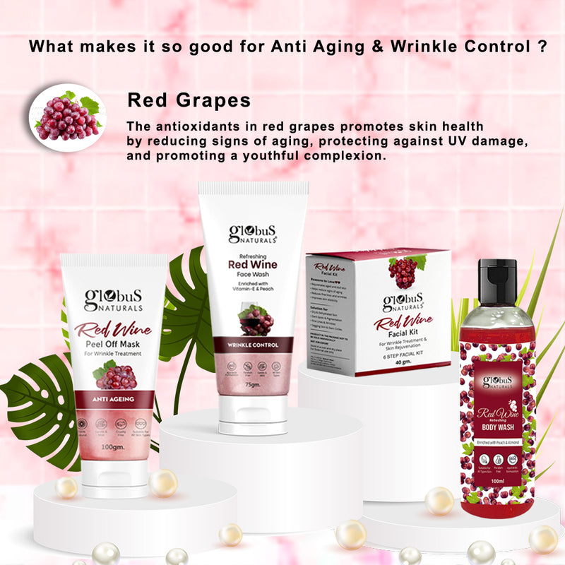 Globus Naturals Red Wine Diwali Glow Gift Box Set of 4 - Face Wash 75 gm, Peel Off Mask 100 gm, Facial Kit 40 gm & Body Wash 100 gm