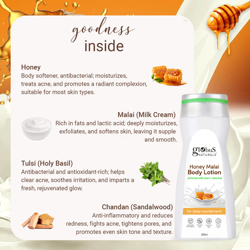 "Globus Naturals Honey Malai Body lotion, Enriched with Tulsi and Chandan, For Deep Nourishment, 200ml "
