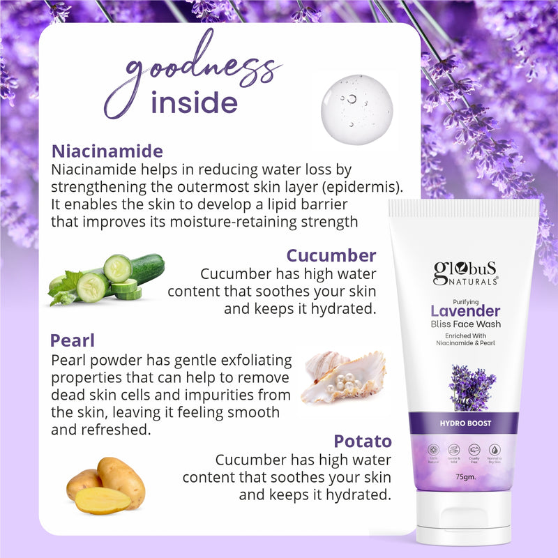 Globus Naturals Face Care Combo- Hydro Boost Lavender & Pimple Control Multani Mitti, Face Wash, Set of 2, 75gm