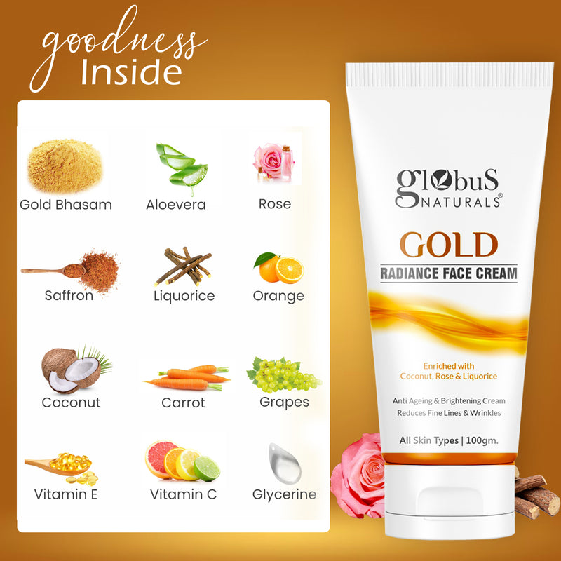 Gold Radiance Anti Ageing & Brightening Face Cream, Skin Lightening Formula, Reduces Fine Lines & Wrinkles, 100gms