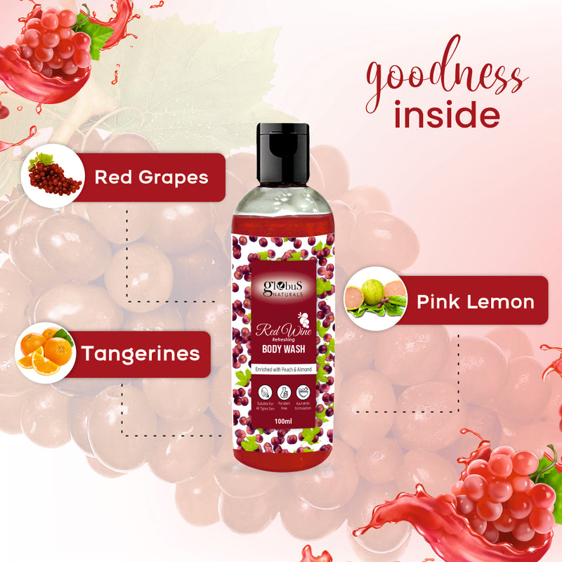 Globus Naturals Red Wine Refreshing Body Wash  Enriched with Peach and Almond Suitable for all skin types Paraben & Cruelty Free 100 ml"