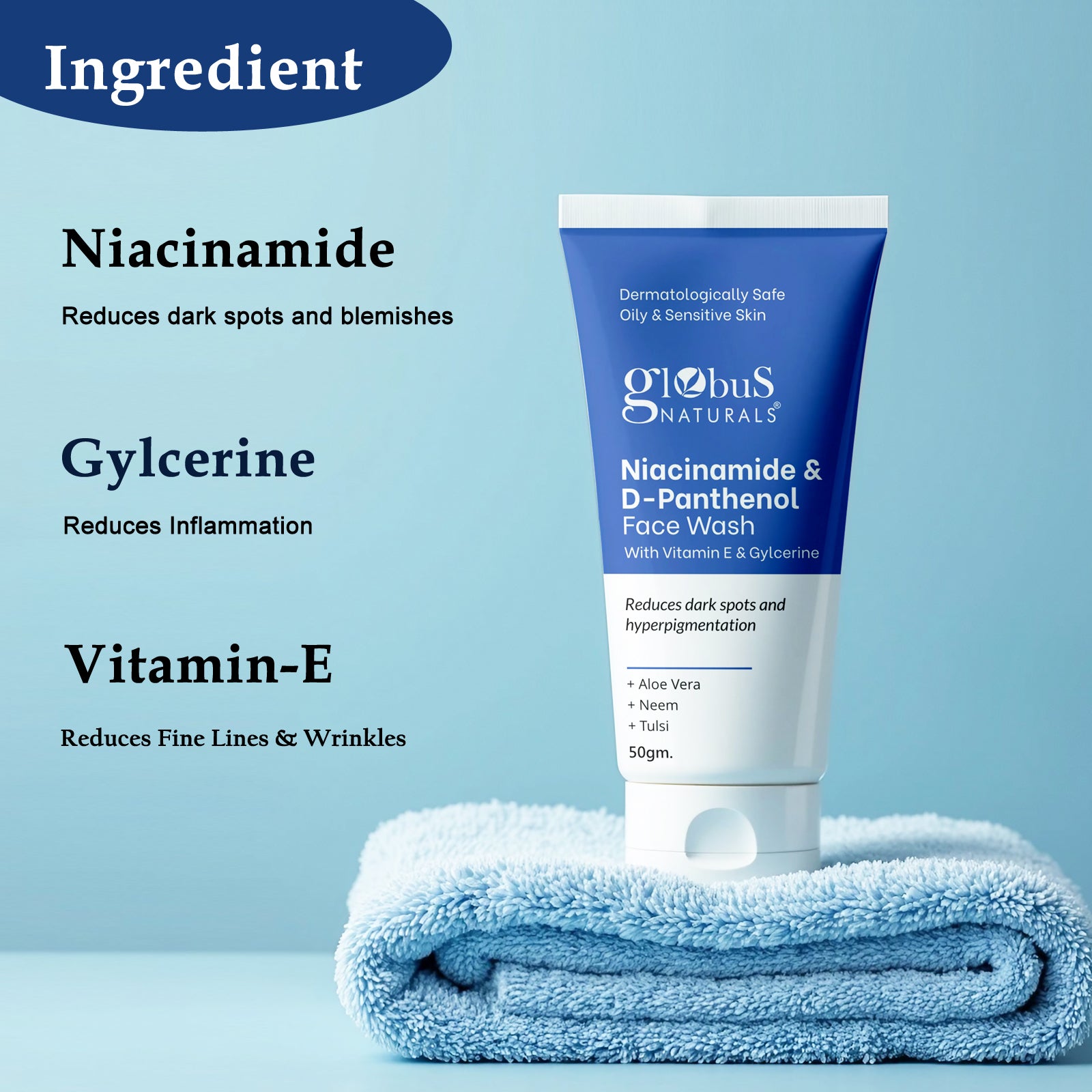 Niacinamide &amp; D-Panthenol Face Wash, Reduces Dark Spots &amp; Hyperpigmentation, Suitable for Oily &amp; Sensitive Skin 50gm