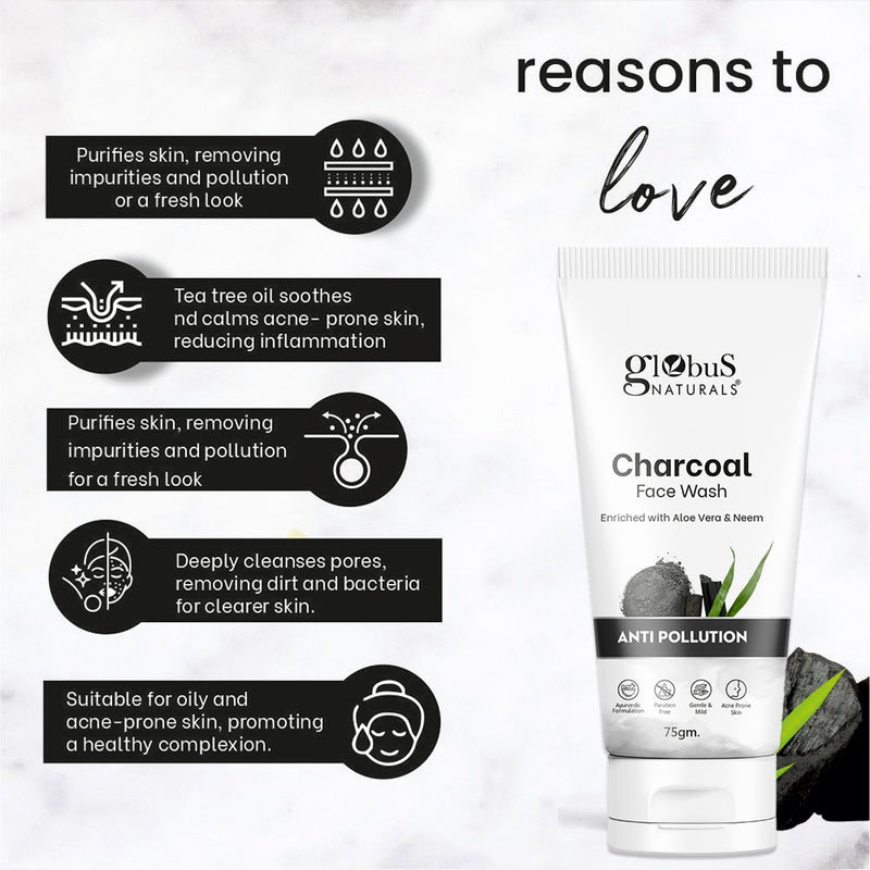 Anti Pollution Charcoal Face Wash For Oily & Acne Prone Skin, Deep Cleansing Formula, 75 gm