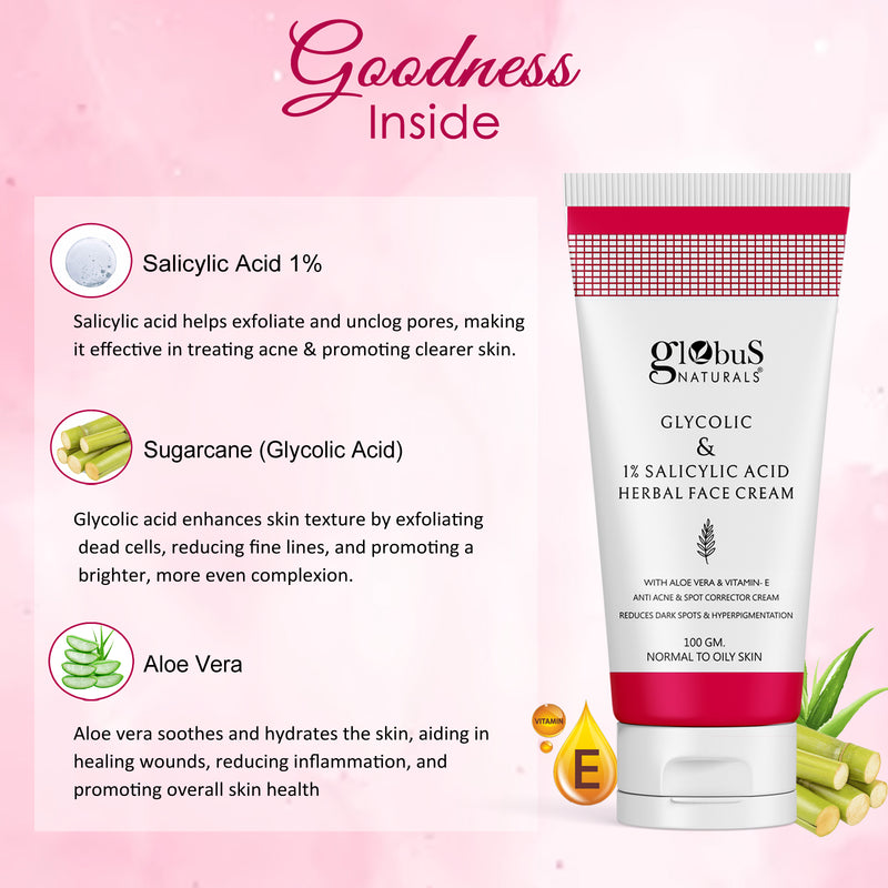 Glycolic & 1% Salicylic Acid Herbal Anti Acne Face Cream, Reduces Dark spots & Hyperpigmentation,