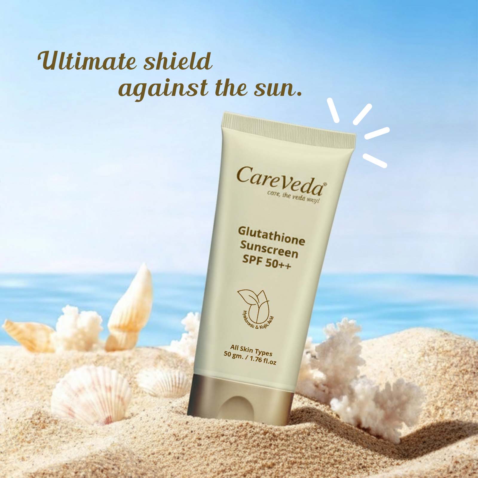 CareVeda Glutathione Sunscreen SPF 50++ Enriched with Hyaluronic &amp; Kojic Acid For All Skin Types 50gm