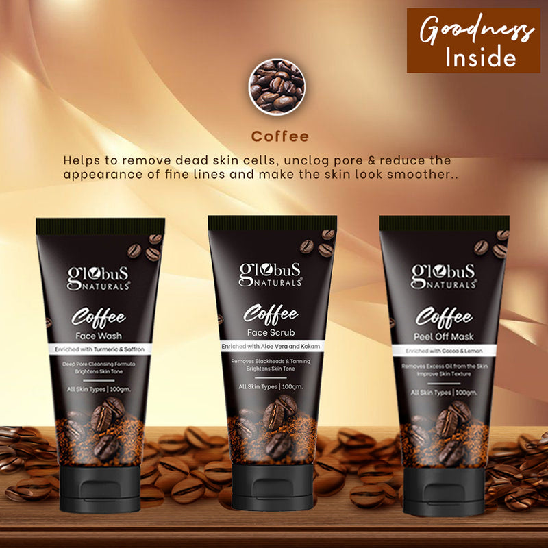 "Globus Naturals Diwali Glow Coffee Trio Kit, Set of 3 - Face Wash 100 gm, Face Scrub 100 gm, Peel off Mask 100 gm"