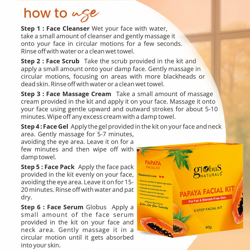 Globus Naturals Anti-Tanning Papaya Facial Kit, with 6 Easy Steps, Ayurvedic & Herbal Prepration For Natural Glow, Suitable For All Skin Types, 40 gms